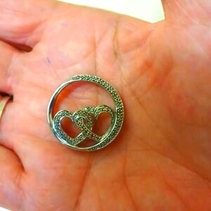 Womans Sterling Silver Real White Diamond Double Heart Open Round Pendant Only